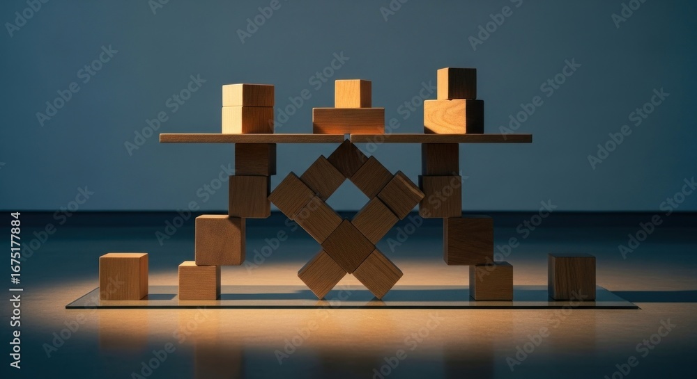 Poster abstract wooden block structure, some balanced on a horizontal plane