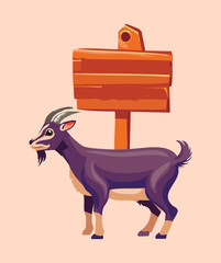 A cartoon mountain goat with a blank wooden sign, a fun way to display custom text or a logo