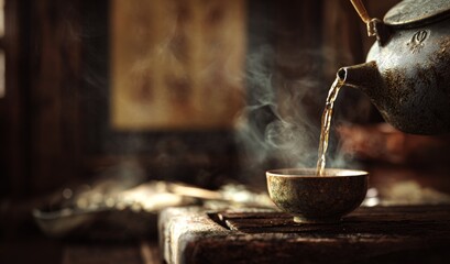 Traditional Chinese teapot pouring hot tea into bowl on rustic table  