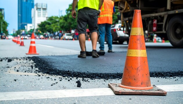 Road repair crew working on asphalt patch