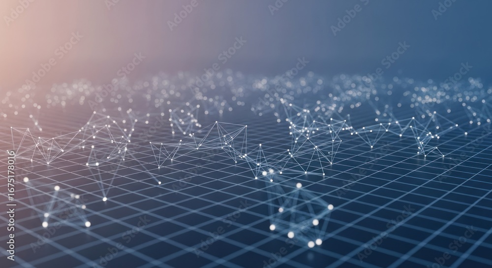 Aufkleber abstract network of lines and nodes over grid in low-angle, blurred background