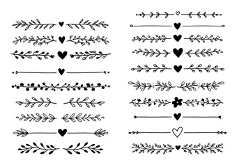 Obraz premium Elegant hand drawn dividers with floral elements and hearts for wedding invitations and greeting cards design