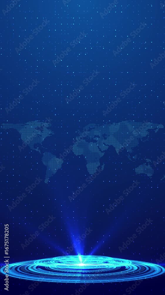 Poster futuristic digital hud round glowing rings of perspective floor grid, connected plexus lines surroun