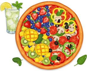 Delicious Fruit and Vegetable Pizza with Refreshing Drink