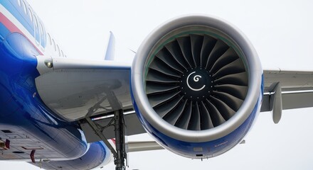 Aircraft jet engine closeup, with blue and silver body, against a bright sky