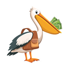 A pelican with a bag of money and a fish in its beak, perfect for finance, wealth, or business concepts