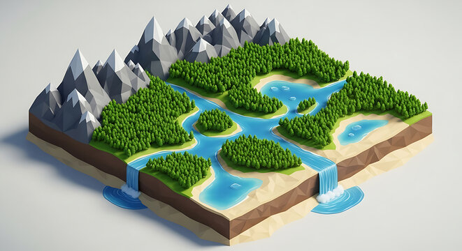 Digital low poly model of a scenic nature biome featuring a river flowing from mountains through a green forest on an isolated island