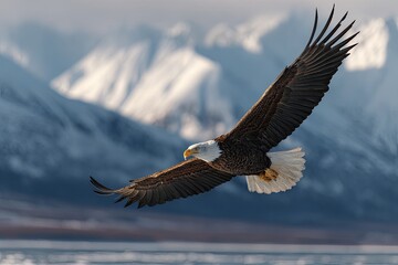Majestic Bald Eagle Soaring Over Snow Capped Mountains in Winter Blue Skies in the Background Pixelated Effect