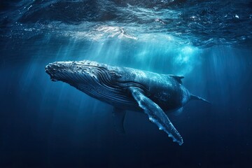 Fototapeta premium Majestic Humpback Whale Swimming Gracefully in Deep Blue Ocean Sunlight Filtering Through Water Creating a Stunning Underwater Scene
