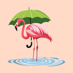  A beautiful pink flamingo with a small green umbrella is standing in a lake ready to start a new day