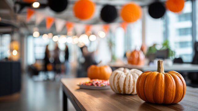 Festive pumpkins and candy displayed on table in decorated office  