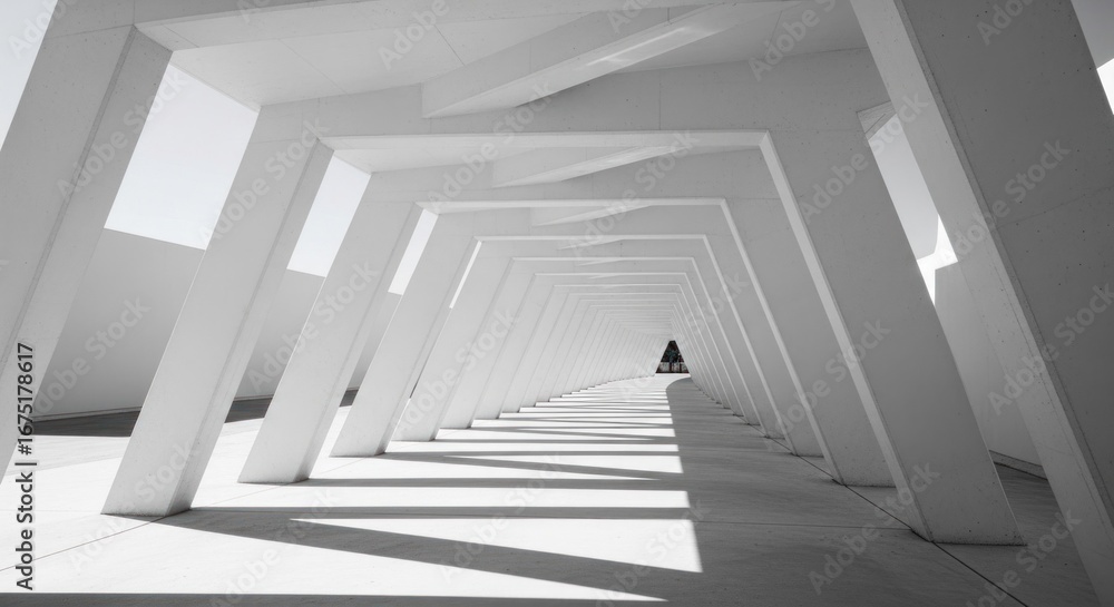 Poster angled white concrete columns create a tunnel, perspective converging to a dark form