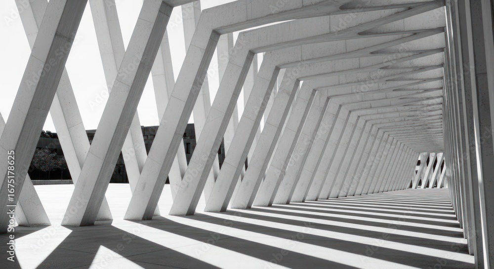 Poster architectural tunnel with repeating angular concrete beams in monochrome