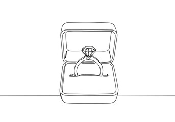 Elegant diamond engagement ring in box, a minimalist line art symbol of love and commitment