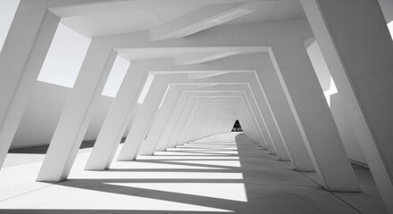 Obraz premium Angled white concrete columns create a tunnel, perspective converging to a dark form