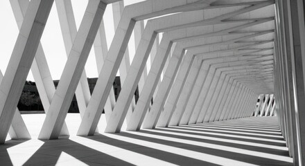 Naklejka premium Architectural tunnel with repeating angular concrete beams in monochrome