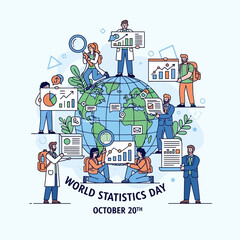 Naklejka premium Flat vector illustration of international teamwork, with scientists, students, and professionals holding magnifying glasses, charts, and data reports around a globe, World Statistics Day poster style