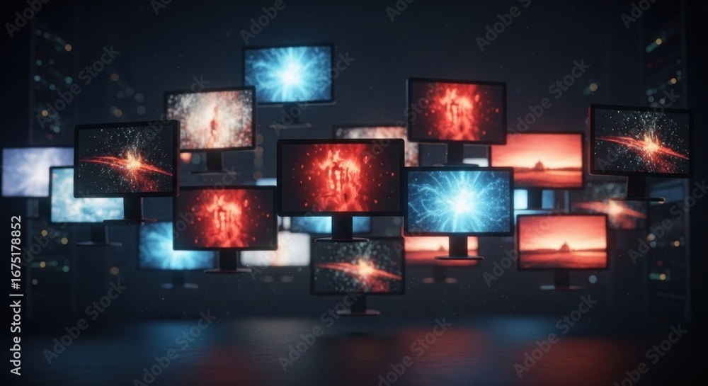 Poster array of screens displaying nebulas and cosmic phenomena in dark space