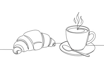 Start your day with a fresh croissant and hot coffee, elegant continuous line drawing for your brand
