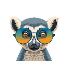 A cute ring-tailed lemur is wearing a pair of cool and fashionable yellow sunglasses with a big smile