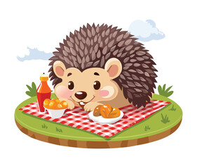 A cute and friendly hedgehog is sitting on a blanket and having a picnic with a basket of food