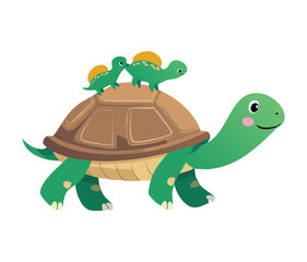 A slow and steady turtle with a snail and a lizard on its shell walking through the beautiful garden