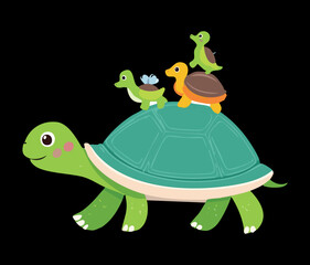 A cute green turtle with a snail and a lizard on its shell taking a slow and steady walk