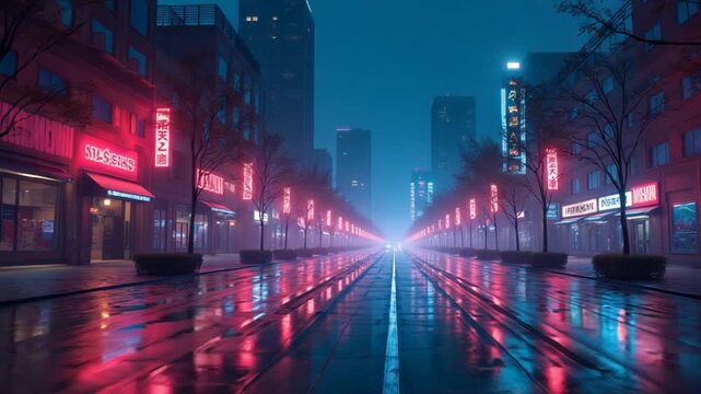 CGI Vibrant urban night scene with reflections on wet pavement after rain