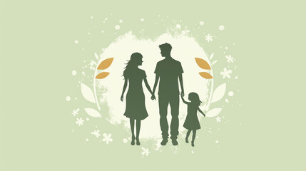 Flat design family silhouette logo of parents and child holding hands, soft pastel green background, symbol for International Day of Families, minimalist and warm