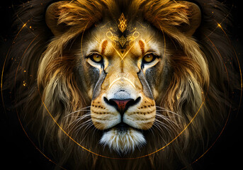 Fototapeta premium Lion Portrait with Golden Mane and Intricate Geometric Details | Majestic Wildlife Illustration for Art Prints, Branding and Conservation Awareness