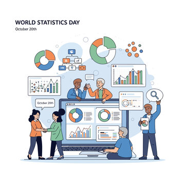 Clean 2D flat vector of big data visualization: pie charts, flow charts, and scatter plots floating around a laptop, with diverse characters smiling and collaborating, World Statistics Day theme