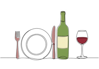 Elegant wine bottle and glass with plate setting, great for minimalist restaurant marketing materials