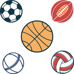 Obraz premium Set of Sports Balls Icons – Basketball, Soccer, Baseball, Volleyball, Rugby
