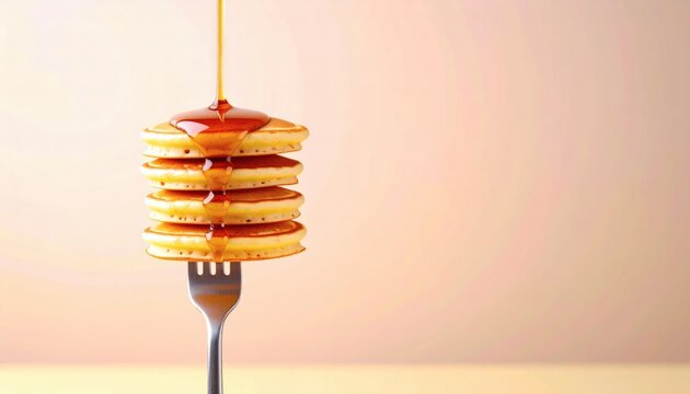 Golden Pancakes Stack Drenched in Syrup Balanced on a Fork Delight