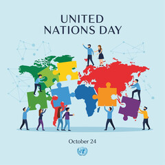 Modern flat vector poster of people connecting puzzle pieces shaped like continents, symbolizing global cooperation and harmony, United Nations Day