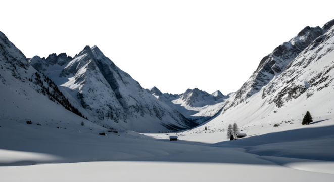 Dramatic alpine scenery with snow covered mountains and quaint cabins offering a peaceful winter escape for travel adventures and serene landscape photography