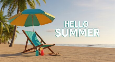 Beach with chair, umbrella, drinks, and sandals. "Hello Summer" text overlay