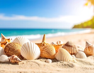 Obraz premium Seashells on Sandy Beach, Sunny Day (1)