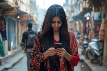 Young Indian girl walking on a city street, using her mobile phone to make a call, check for appointments, make an online payment, and book accommodations for her next meeting, Generative AI