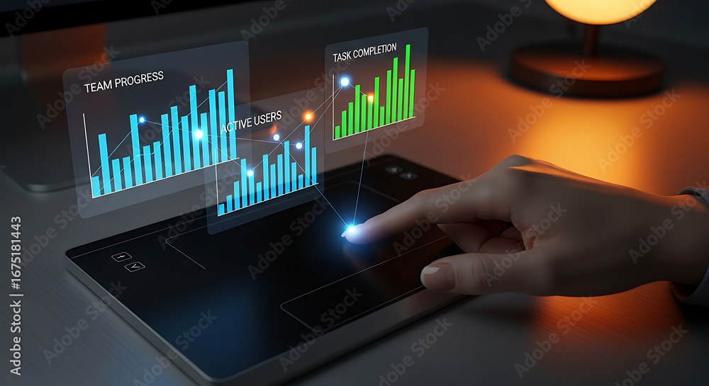 Aufkleber finger interacting with digital charts on a tablet displaying team progress and task completion data