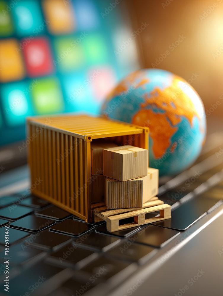 Poster a miniature shipping container with stacked boxes rests on a keyboard, alongside a globe, symbolizin