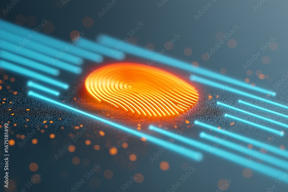 Poster a vibrant digital fingerprint design with glowing lines and particles, symbolizing security and iden