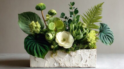 Greenery arrangement in a textured white box