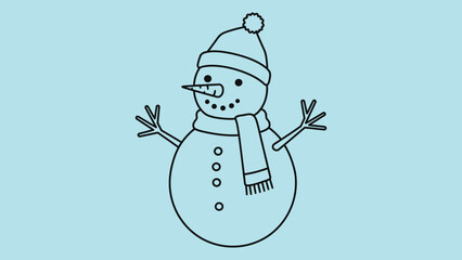 Minimal line vector of a snowman with carrot nose, scarf, and hat, cheerful winter character in outline style