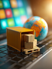 A miniature shipping container with stacked boxes rests on a keyboard, alongside a globe, symbolizing global trade and logistics in a digital world.
