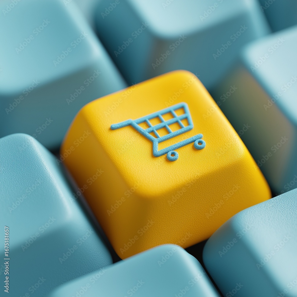 Poster a close-up of a keyboard featuring a yellow shopping cart key, symbolizing online shopping and e-com