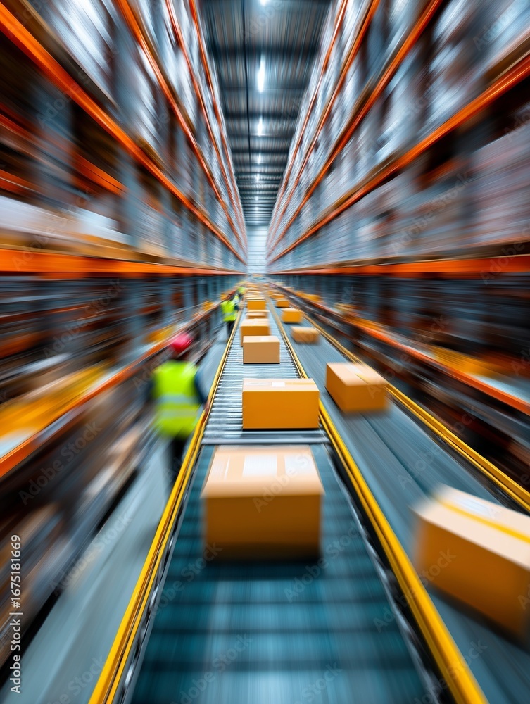 Poster a dynamic view of a warehouse with boxes moving on a conveyor belt, showcasing an efficient logistic