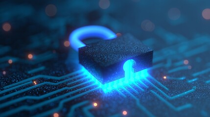 A glowing lock icon stands out on a circuit board, symbolizing cybersecurity and digital protection in a modern technology landscape.