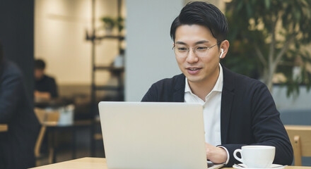 カフェでオンライン会議をする男性