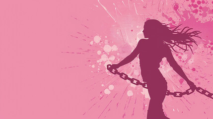 Obraz premium Empowered woman silhouette breaking chains, symbol of freedom, flat vector, pink pastel background, International Day for the Elimination of Violence against Women.